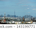 一座煉油廠的煙囪噴出火焰，東京晴空塔，以及一架正在上升的飛機。 143199771