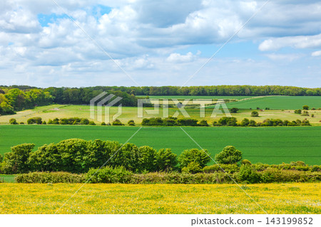 Green fields, pale farmland and hedgerows create layered bands across rural Kent, England. A distant tree line and broken cloud cover shape a spacious agricultural countryside panorama. Green fields, pale farmland and hedgerows create layered bands across rural Kent, England. A distant tree line and broken cloud cover shape a spacious agricultural countryside panorama. 143199852