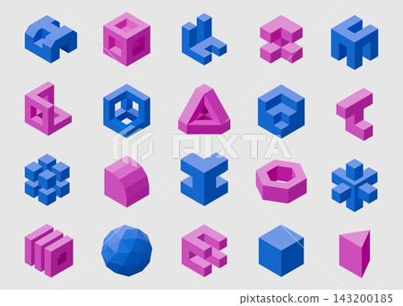 Isometric stair shapes. Impossible staircase cube logo, abstract building construct or 3d pixel illusion, simple tower, perspective graphic architecture. Digital technology. Vector isolated set Isometric stair shapes. Impossible staircase cube logo, abstract building construct or 3d pixel illusion, simple tower, perspective graphic architecture. Digital technology. Vector isolated set 143200185