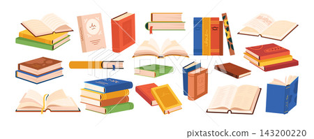 School book. Open study notebook, library stack or hand hold diary, dictionary pile. Paper textbook cover, education page. Knowledge symbol. Encyclopedia assortment. Vector cartoon object School book. Open study notebook, library stack or hand hold diary, dictionary pile. Paper textbook cover, education page. Knowledge symbol. Encyclopedia assortment. Vector cartoon object 143200220