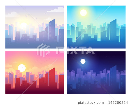 City day and night. Sky morning time, afternoon or evening sun. Daytime building minimal landscape, cityscape in clouds, modern architecture. Horizon backgrounds. Vector illustration set City day and night. Sky morning time, afternoon or evening sun. Daytime building minimal landscape, cityscape in clouds, modern architecture. Horizon backgrounds. Vector illustration set 143200224