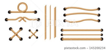 Rope string set. Knot thread frame, 3d navy braid twine or brown brush cord for footwear. Realistic straight, cross and loop cable, zigzag lacing, canvas ribbons with eyelets. Vector lines Rope string set. Knot thread frame, 3d navy braid twine or brown brush cord for footwear. Realistic straight, cross and loop cable, zigzag lacing, canvas ribbons with eyelets. Vector lines 143200234