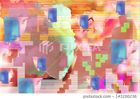 Digital glitch collage with antique Venus bust, symbolizing digital decay, data corruption, loss of information, pixel artifacts, memory degradation, and system error. Digital glitch collage with antique Venus bust, symbolizing digital decay, data corruption, loss of information, pixel artifacts, memory degradation, and system error. 143200236