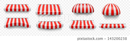 Shop awning. Red and white canopy roof, stripe market tent or vintage store sunshade. Restaurant front, grocery, shop facade decoration. Architecture elements. Vector realistic illustration Shop awning. Red and white canopy roof, stripe market tent or vintage store sunshade. Restaurant front, grocery, shop facade decoration. Architecture elements. Vector realistic illustration 143200238