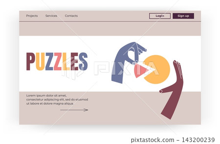 Puzzle piece landing page. Minimal website web banner with navigation and abstract hands assembling shape, interactive UI design creative problem solving concept. Vector cartoon isolated Puzzle piece landing page. Minimal website web banner with navigation and abstract hands assembling shape, interactive UI design creative problem solving concept. Vector cartoon isolated 143200239