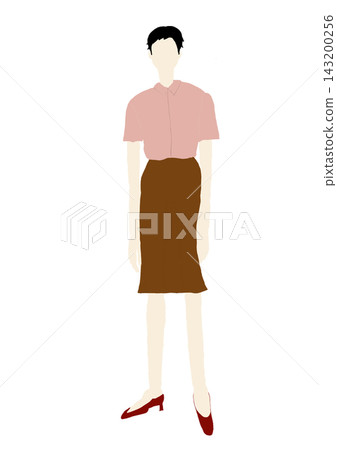Fashion illustration of a woman wearing a pink blouse and brown skirt (full body) Fashion illustration of a woman wearing a pink blouse and brown skirt (full body) 143200256