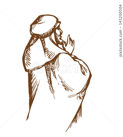 Vector drawing. Praying man. Back view Vector drawing. Praying man. Back view 143200504
