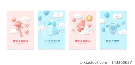 Boy or girl card. 3d baby shower vertical posters, newborn kid birthday or cute birth announcement. Greeting born banner. Party invitation and greeting. Infant celebration vector background Boy or girl card. 3d baby shower vertical posters, newborn kid birthday or cute birth announcement. Greeting born banner. Party invitation and greeting. Infant celebration vector background 143200627