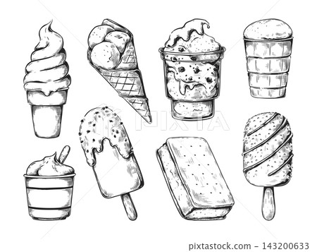 Ice cream sketch style set. Sundae cup, hand drawn dessert in bowl or glass food, waffle scoop. Served chocolate. Summer milk flavor, fruit frozen gelatos. Vector isolated illustration Ice cream sketch style set. Sundae cup, hand drawn dessert in bowl or glass food, waffle scoop. Served chocolate. Summer milk flavor, fruit frozen gelatos. Vector isolated illustration 143200633