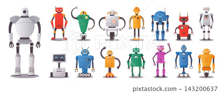 Cartoon robot characters set. Colorful mechanical humanoid figures in different shapes and poses, robotics automation and futuristic technology concept. Vector isolated illustration Cartoon robot characters set. Colorful mechanical humanoid figures in different shapes and poses, robotics automation and futuristic technology concept. Vector isolated illustration 143200637