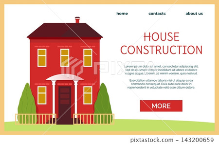 House construction webpage mockup. Landing page with cute home, real estate and building service website interface design. Banner with copy space for text. Vector cartoon flat illustration House construction webpage mockup. Landing page with cute home, real estate and building service website interface design. Banner with copy space for text. Vector cartoon flat illustration 143200659