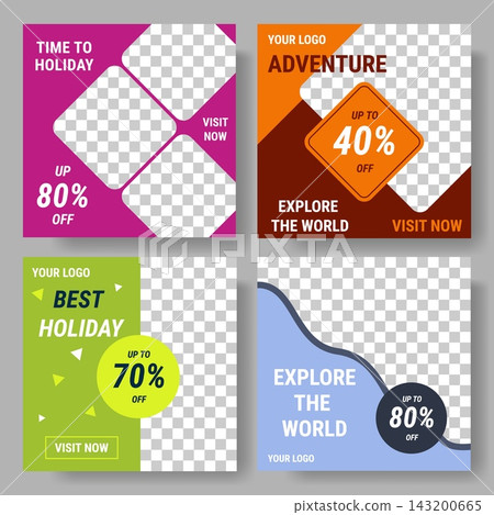 Sale banner set. Square social media post templates with discount badges, photo space, marketing design transparent layout. Advertising holiday marketing travel design. Vector collection Sale banner set. Square social media post templates with discount badges, photo space, marketing design transparent layout. Advertising holiday marketing travel design. Vector collection 143200665