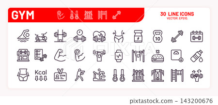 Gym icon set. Sport fit exercise, weight or strength dumbbell. Yoga movement, sauna boxing or gymnastics machine, outline symbols workout equipment. Vector minimal pictogram 143200676