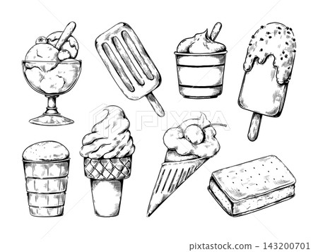 Icecream sketch. Vanilla ice cream in glass cup, handmade chocolate or caramel doodle sweet, waffles cone and frozen creamy summer milk desserts. Cafe or restaurant menu. Vector cartoon set Icecream sketch. Vanilla ice cream in glass cup, handmade chocolate or caramel doodle sweet, waffles cone and frozen creamy summer milk desserts. Cafe or restaurant menu. Vector cartoon set 143200701