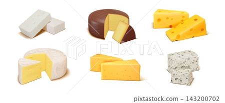 Cheddar cheese set. White or yellow triangle piece of gouda slice. Fresh swiss orange feta with chunk block parts, eco healthy milk products. Vector realistic dairy nutrition illustration Cheddar cheese set. White or yellow triangle piece of gouda slice. Fresh swiss orange feta with chunk block parts, eco healthy milk products. Vector realistic dairy nutrition illustration 143200702