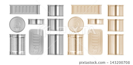 Tin can. Metal food jar mockup, aluminum package mock up or cylinder product lid and ring pulls. Realistic cylindrical canister different forms and angle view. Preserved vector templates set 143200708