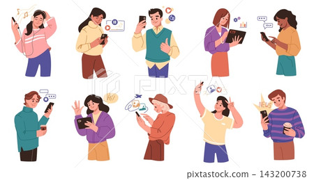 People use phone. Happy social media internet woman person, student listen music or friends network mobile chat, digital communication, content sharing. Vector cartoon isolated icons People use phone. Happy social media internet woman person, student listen music or friends network mobile chat, digital communication, content sharing. Vector cartoon isolated icons 143200738