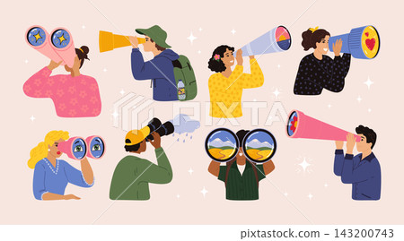 Search characters. Look in telescope, hire and find, eye discovery vision. Observe future job, man explore using binoculars, forecasting and planning future. Vector cartoon isolated concept Search characters. Look in telescope, hire and find, eye discovery vision. Observe future job, man explore using binoculars, forecasting and planning future. Vector cartoon isolated concept 143200743