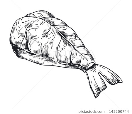 Shrimp nigiri sketch style. Detailed monochrome hand drawn asian food. Sushi piece with rice and sea product, Japanese traditional cuisine restaurant menu, vector isolated illustration Shrimp nigiri sketch style. Detailed monochrome hand drawn asian food. Sushi piece with rice and sea product, Japanese traditional cuisine restaurant menu, vector isolated illustration 143200744