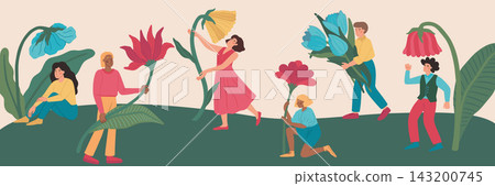 People with plants. Young man human, person holding cute flower or happy giant funny girl with idea. Banner design celebration on nature. Vector isolated cartoon isolated illustration People with plants. Young man human, person holding cute flower or happy giant funny girl with idea. Banner design celebration on nature. Vector isolated cartoon isolated illustration 143200745