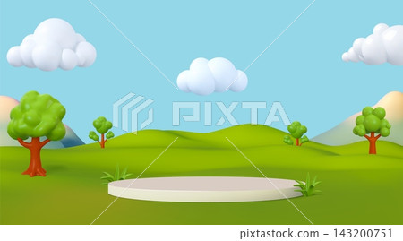 3d grass background. Kid sky in spring park, nature game garden with tree and clouds. Cute green field. White empty platform. minimal scene for product presentation vector cartoon illustration 3d grass background. Kid sky in spring park, nature game garden with tree and clouds. Cute green field. White empty platform. minimal scene for product presentation vector cartoon illustration 143200751