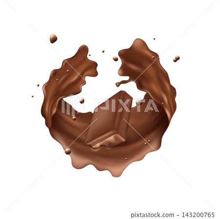 Chocolate splash. Realistic render swirl of melted liquid syrup in motion, square piece, milk waves droplets, product sweet cocoa confectionery food. Sugar glaze dessert, vector illustration Chocolate splash. Realistic render swirl of melted liquid syrup in motion, square piece, milk waves droplets, product sweet cocoa confectionery food. Sugar glaze dessert, vector illustration 143200765