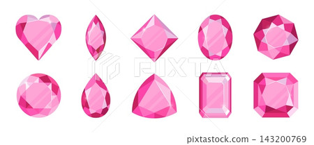 Pink diamond. Different forms glossy reflections brilliant elements. Heart gem, crystal square gemstone glitter stone shape. Oval, round and rectangle ruby sapphire. Vector isolated icons Pink diamond. Different forms glossy reflections brilliant elements. Heart gem, crystal square gemstone glitter stone shape. Oval, round and rectangle ruby sapphire. Vector isolated icons 143200769