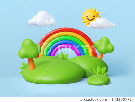 3d rainbow. Island park landscape, toy or tree podium land, soft spring hill. Environment scene plastic grass podium for product presentation. Vector render glossy isolated composition 3d rainbow. Island park landscape, toy or tree podium land, soft spring hill. Environment scene plastic grass podium for product presentation. Vector render glossy isolated composition 143200771
