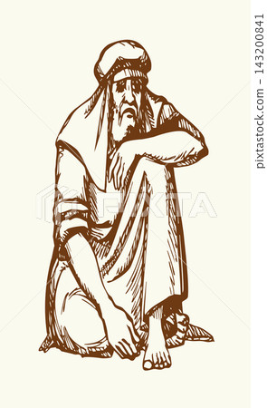 Vector drawing. Ancient man sitting on the ground Vector drawing. Ancient man sitting on the ground 143200841
