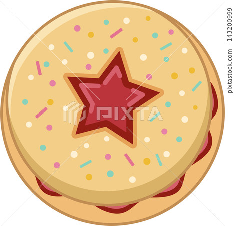 Illustration of a round sandwich cookie with two golden-brown biscuit layers sandwiching a red fruit jam filling, decorated with a center star-shaped cutout and colorful sprinkles. Illustration of a round sandwich cookie with two golden-brown biscuit layers sandwiching a red fruit jam filling, decorated with a center star-shaped cutout and colorful sprinkles. 143200999