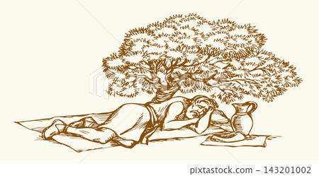 Vector drawing. Man resting at the bush 143201002