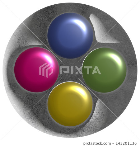 A jewel-like recessed circular frame and a directional pad with four round buttons. A jewel-like recessed circular frame and a directional pad with four round buttons. 143201136