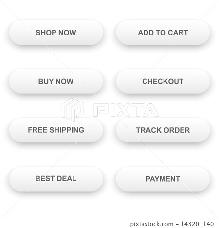 Ecommerce button set with shop, cart, buy, checkout, shipping, tracking, deal, and payment labels in white rounded shapes with soft shadows and minimalist interface style. Ecommerce button set with shop, cart, buy, checkout, shipping, tracking, deal, and payment labels in white rounded shapes with soft shadows and minimalist interface style. 143201140