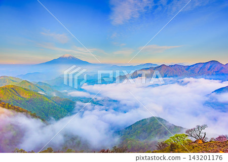 A stunning mountain view captured early in the morning from Mount Tōnodake in the Tanzawa Mountains, showing the sea of clouds drifting in the valley, with sunlight shining through and Mount Fuji's summit shining white. A stunning mountain view captured early in the morning from Mount Tōnodake in the Tanzawa Mountains, showing the sea of clouds drifting in the valley, with sunlight shining through and Mount Fuji's summit shining white. 143201176