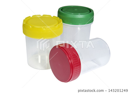 Plastic medical containers with multicolored caps Plastic medical containers with multicolored caps 143201249