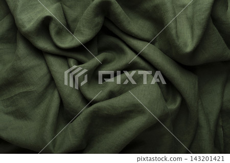 Crumpled Olive Green Linen Fabric Background Crumpled Olive Green Linen Fabric Background 143201421