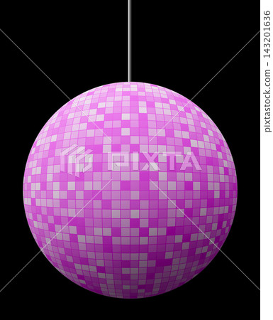 pink disco ball hanging on a cable against black background pink disco ball hanging on a cable against black background 143201636