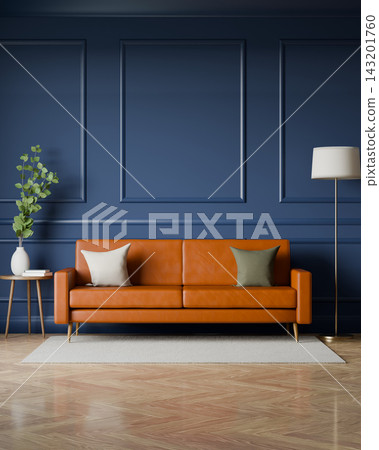 Vertical navy blue living room with caramel leather sofa and wall moldings Vertical navy blue living room with caramel leather sofa and wall moldings 143201760
