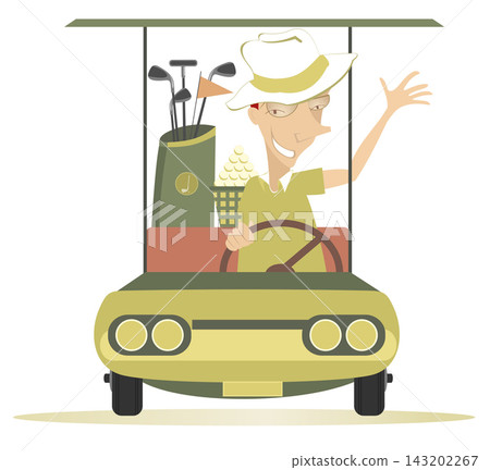 Summer day. Man on the golf cart goes to play golf. Smiling man in the hat going to play golf in the golf cart Summer day. Man on the golf cart goes to play golf. Smiling man in the hat going to play golf in the golf cart 143202267