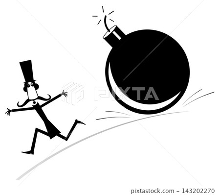 Male person running away from the rolling bomb. Scared man in the top hat and bomb explosion. Bomb, fuse, wick, spark. Black and white illustration Male person running away from the rolling bomb. Scared man in the top hat and bomb explosion. Bomb, fuse, wick, spark. Black and white illustration 143202270
