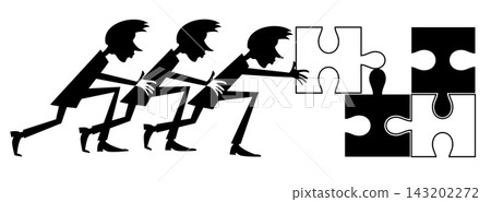 Business team solving the puzzle. Business men pushing a puzzle piece and connecting idea. Black and white illustration Business team solving the puzzle. Business men pushing a puzzle piece and connecting idea. Black and white illustration 143202272