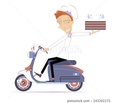 Delivery man with boxes of food drives a scooter. Cartoon cook on a scooter holds boxes with a tasty smelling food Delivery man with boxes of food drives a scooter. Cartoon cook on a scooter holds boxes with a tasty smelling food 143202273
