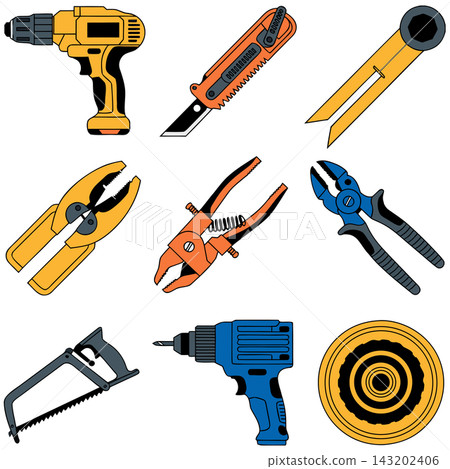 The image shows a set of nine cartoon construction and repair tools, including drills, pliers, saws, a utility knife, and a measuring tape The image shows a set of nine cartoon construction and repair tools, including drills, pliers, saws, a utility knife, and a measuring tape 143202406