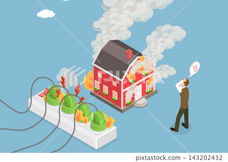 3D Isometric Flat Vector Illustration of Power Plug Overloading, Emphasizing Safety First And Avoiding Short Circuits 3D Isometric Flat Vector Illustration of Power Plug Overloading, Emphasizing Safety First And Avoiding Short Circuits 143202432