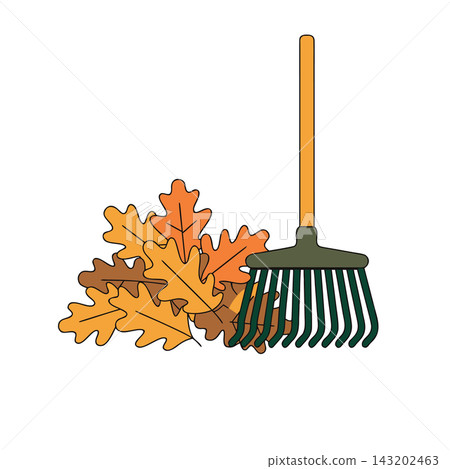 This is a flat-design cartoon illustration of a garden rake next to a pile of orange and brown autumn leaves This is a flat-design cartoon illustration of a garden rake next to a pile of orange and brown autumn leaves 143202463