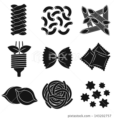 The image displays a graphic icon set featuring nine popular varieties of Italian pasta The image displays a graphic icon set featuring nine popular varieties of Italian pasta 143202757