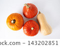 Variety of pumpkins top view on white background. Butternut, red kuri and orange squash for autumn harvest, Halloween and Thanksgiving designs. 143202851