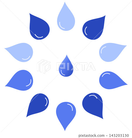 Circular arrangement of blue water droplets with varying shades creating a refreshing design Circular arrangement of blue water droplets with varying shades creating a refreshing design 143203130