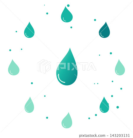 Circular arrangement of teal water drops and dots representing liquid splash effect Circular arrangement of teal water drops and dots representing liquid splash effect 143203131