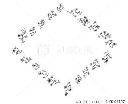 Diamond shaped frame with elegant floral branches and small blossoms, decorative border design Diamond shaped frame with elegant floral branches and small blossoms, decorative border design 143203157
